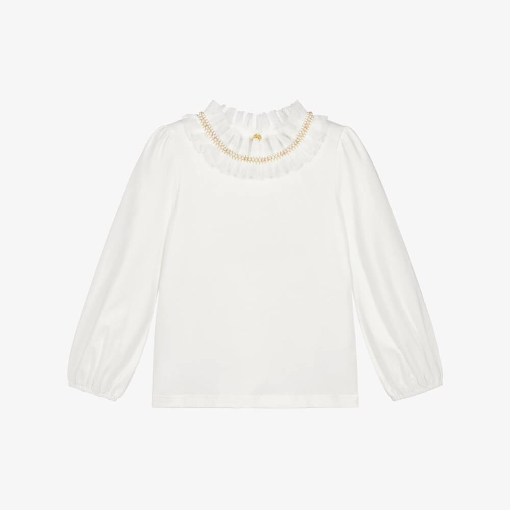 Angel's Face-Girls White Pearl & Tulle Collar Cotton Top | Childrensalon Outlet