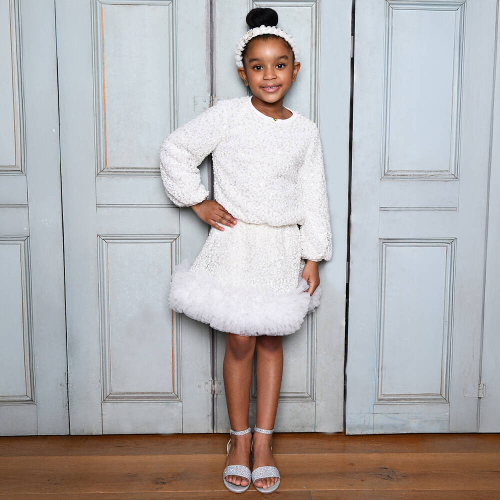 Angel's Face-Girls White Sequin Embellished Bouclé Skirt | Childrensalon Outlet