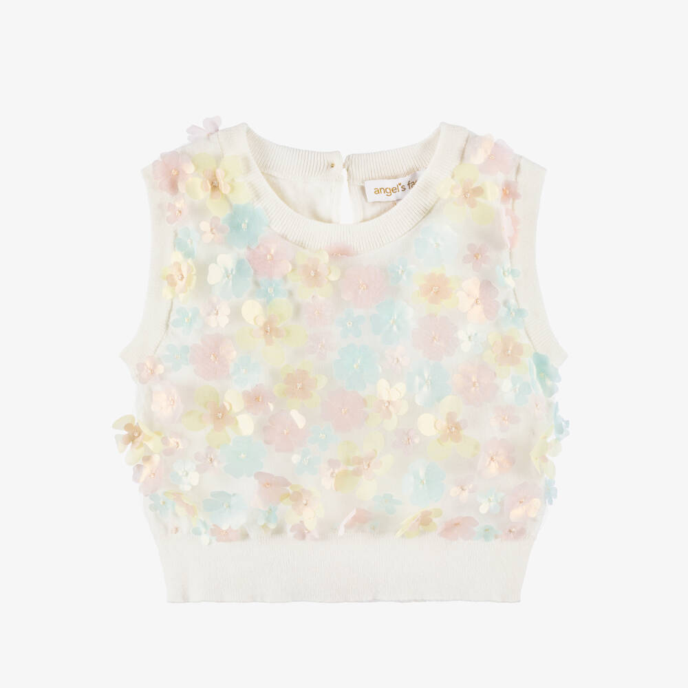 Angel's Face-Girls White Sleeveless Top with Pink & Blue Floral Appliqués | Childrensalon Outlet