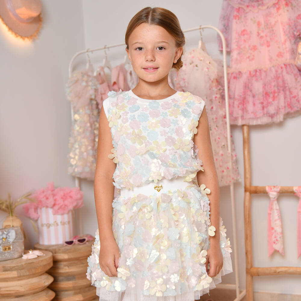 Angel's Face-Girls White Sleeveless Top with Pink & Blue Floral Appliqués | Childrensalon Outlet