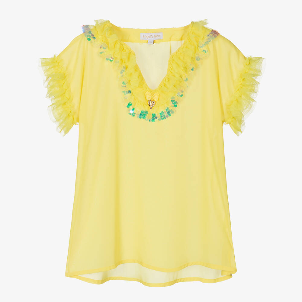 Angel's Face - Girls Yellow Chiffon Sequin Kaftan | Childrensalon