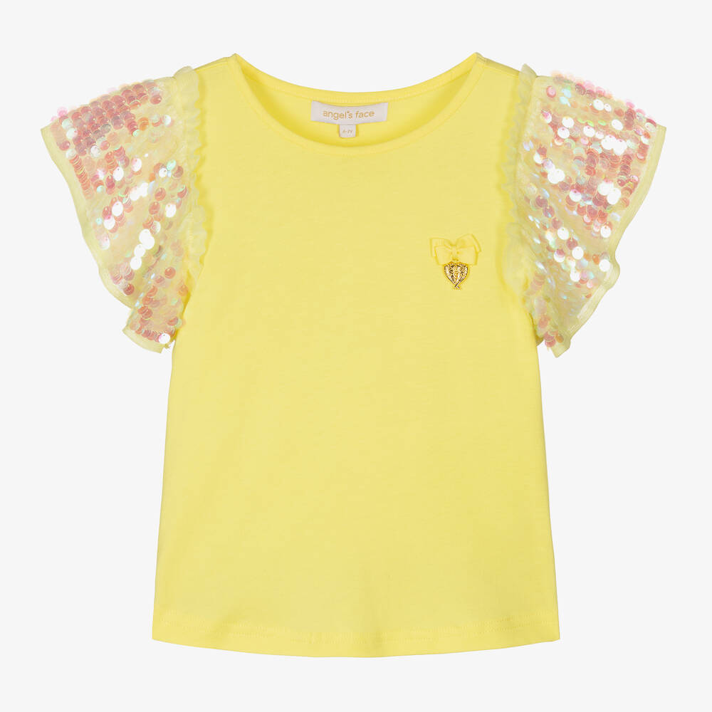 Angel's Face - Girls Yellow Cotton Sequin T-Shirt | Childrensalon