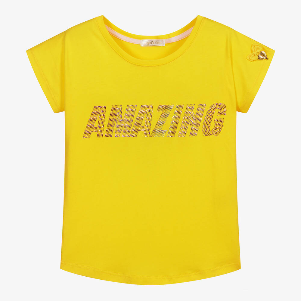 Angel's Face - Girls Yellow Cotton T-Shirt  | Childrensalon
