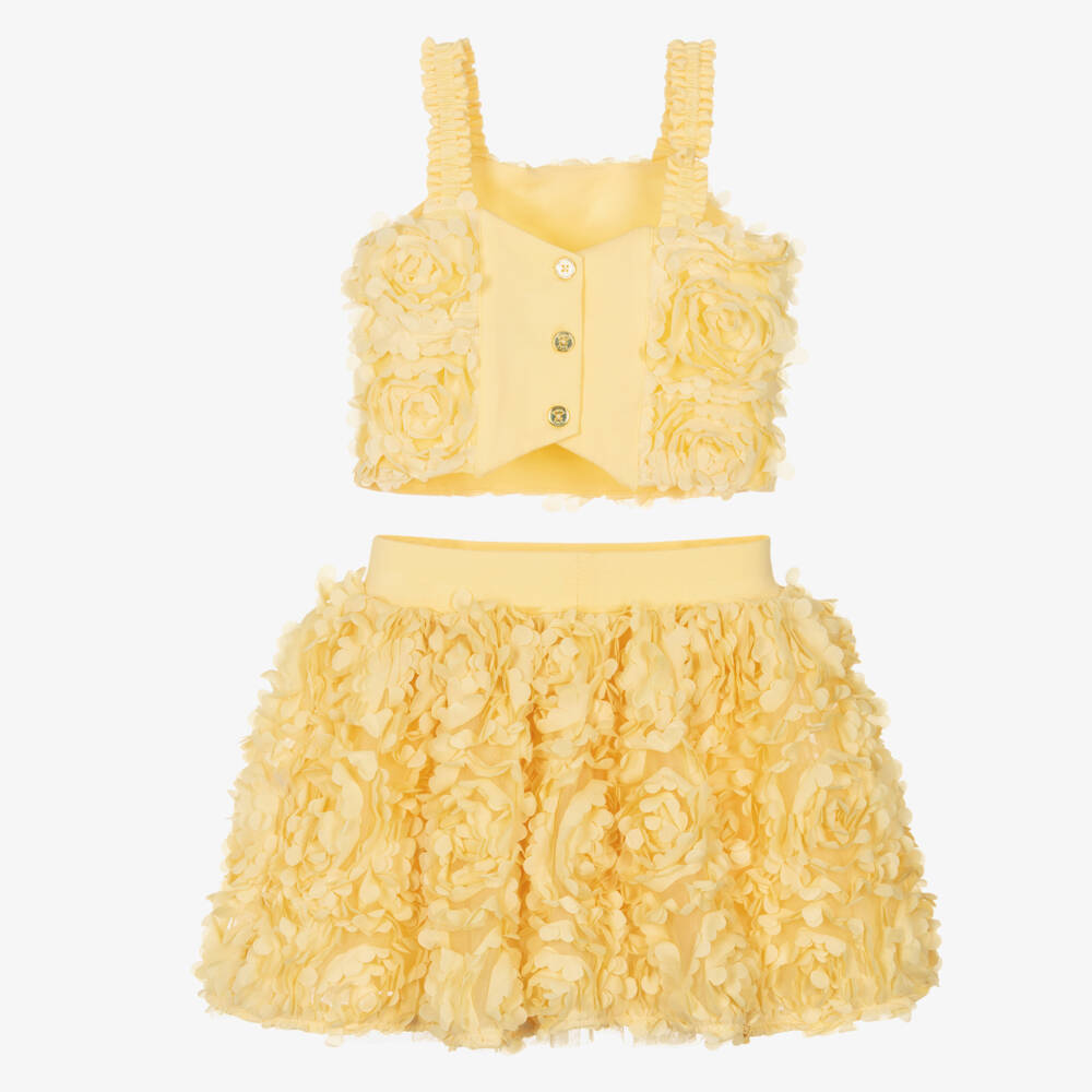 Angel's Face-Girls Yellow Top & Skirt Set with 3D Flowers | Childrensalon Outlet