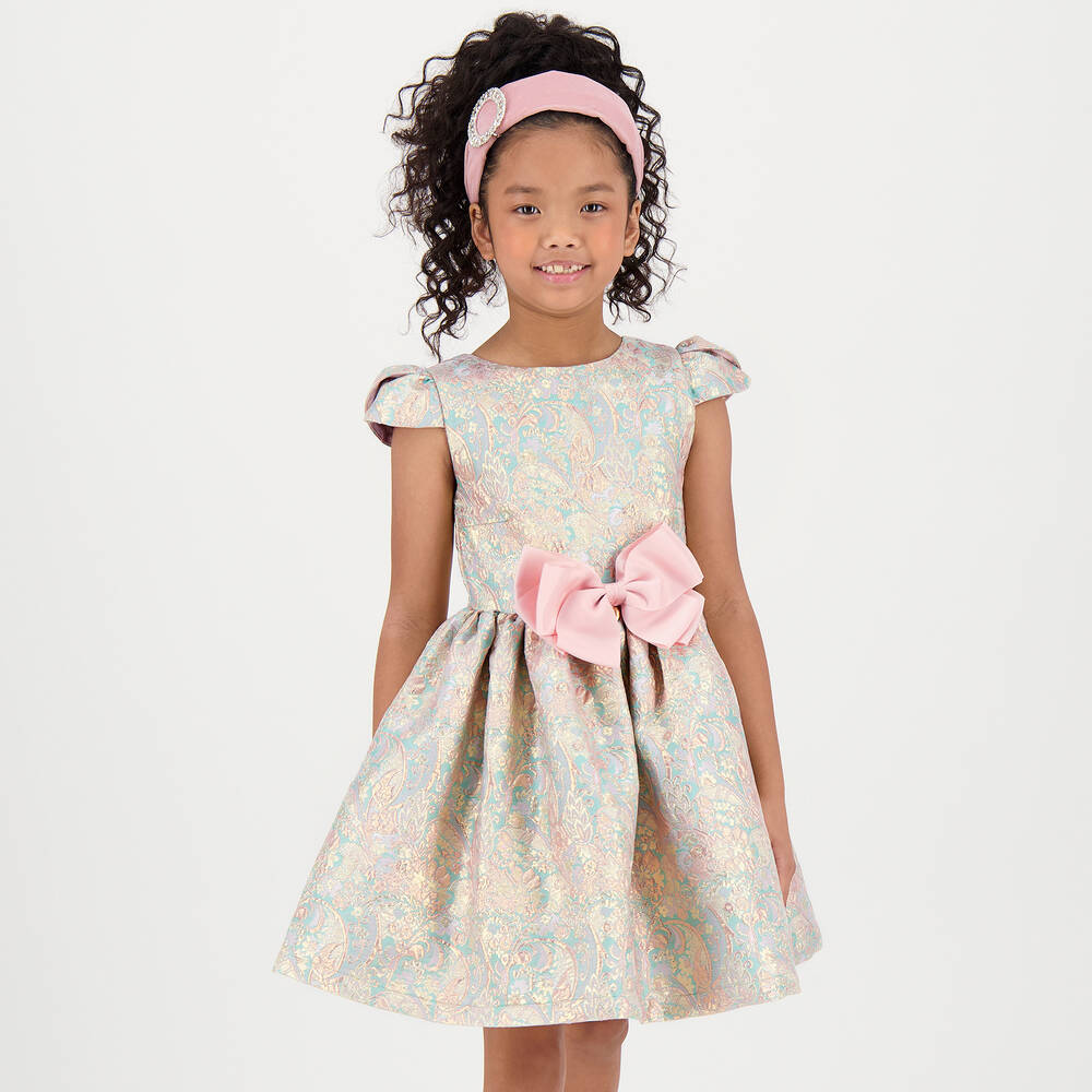 Angel's Face - Teen Girls Gold & Blue Jacquard Dress