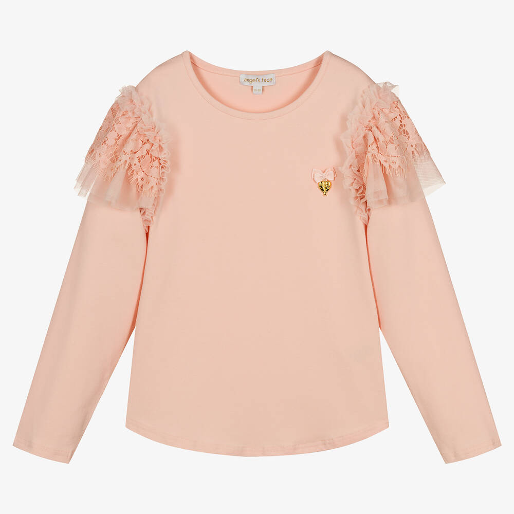 Angel's Face - Teen Girls Pink Cotton Lace Trim Top | Childrensalon