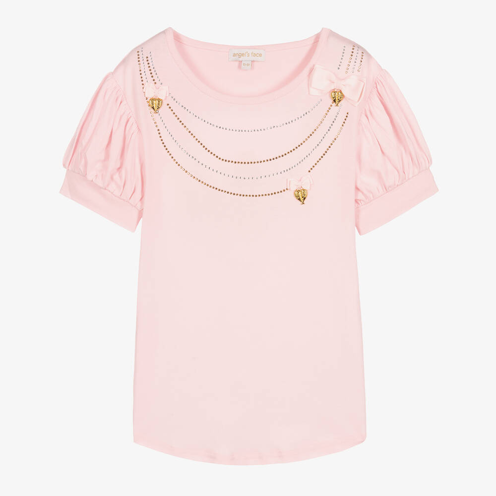 Angel's Face - Teen Girls Pink Diamanté Charms T-Shirt | Childrensalon