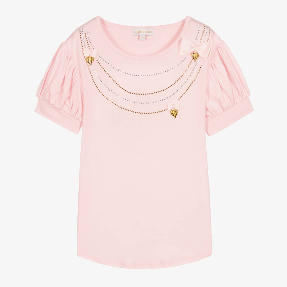 Angel's Face - Rosa Strass-T-Shirt mit Anhängern | Childrensalon