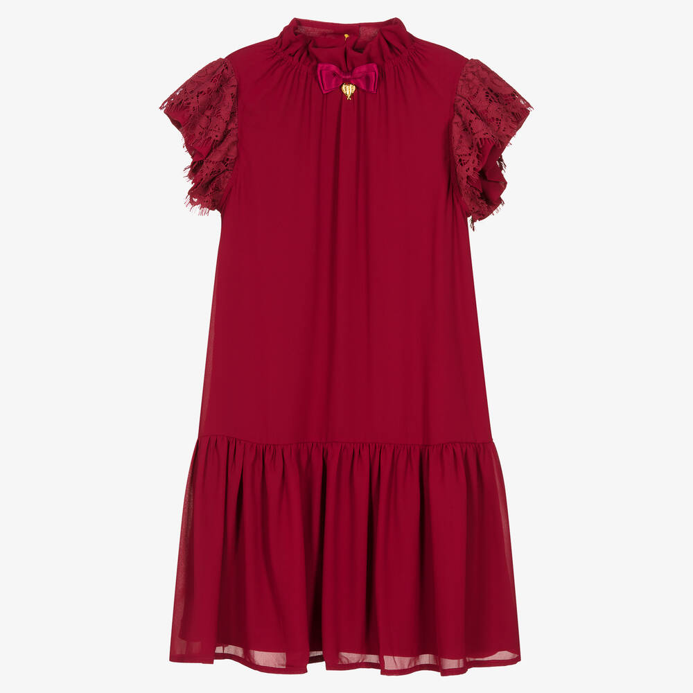 Angel's Face - Teen Girls Red Chiffon & Lace Sleeve Dress | Childrensalon