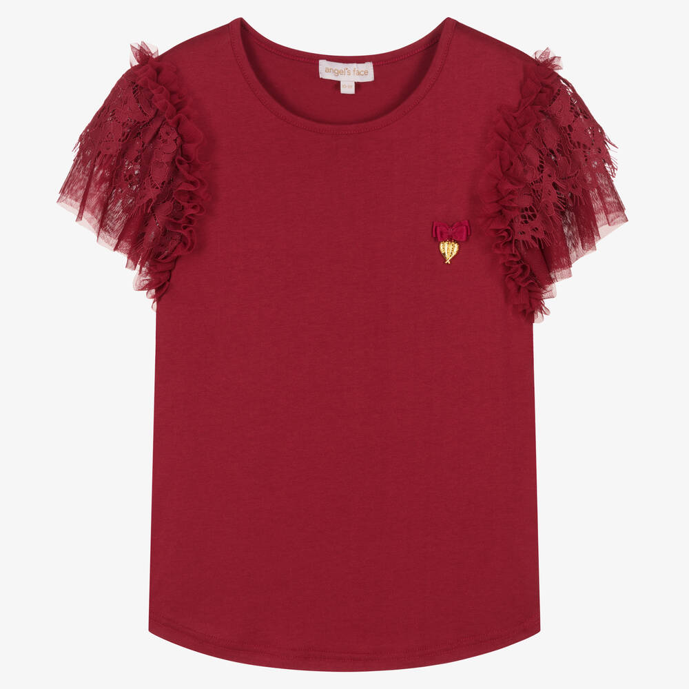 Angel's Face - Teen Girls Red Cotton Lace Sleeve T-Shirt | Childrensalon