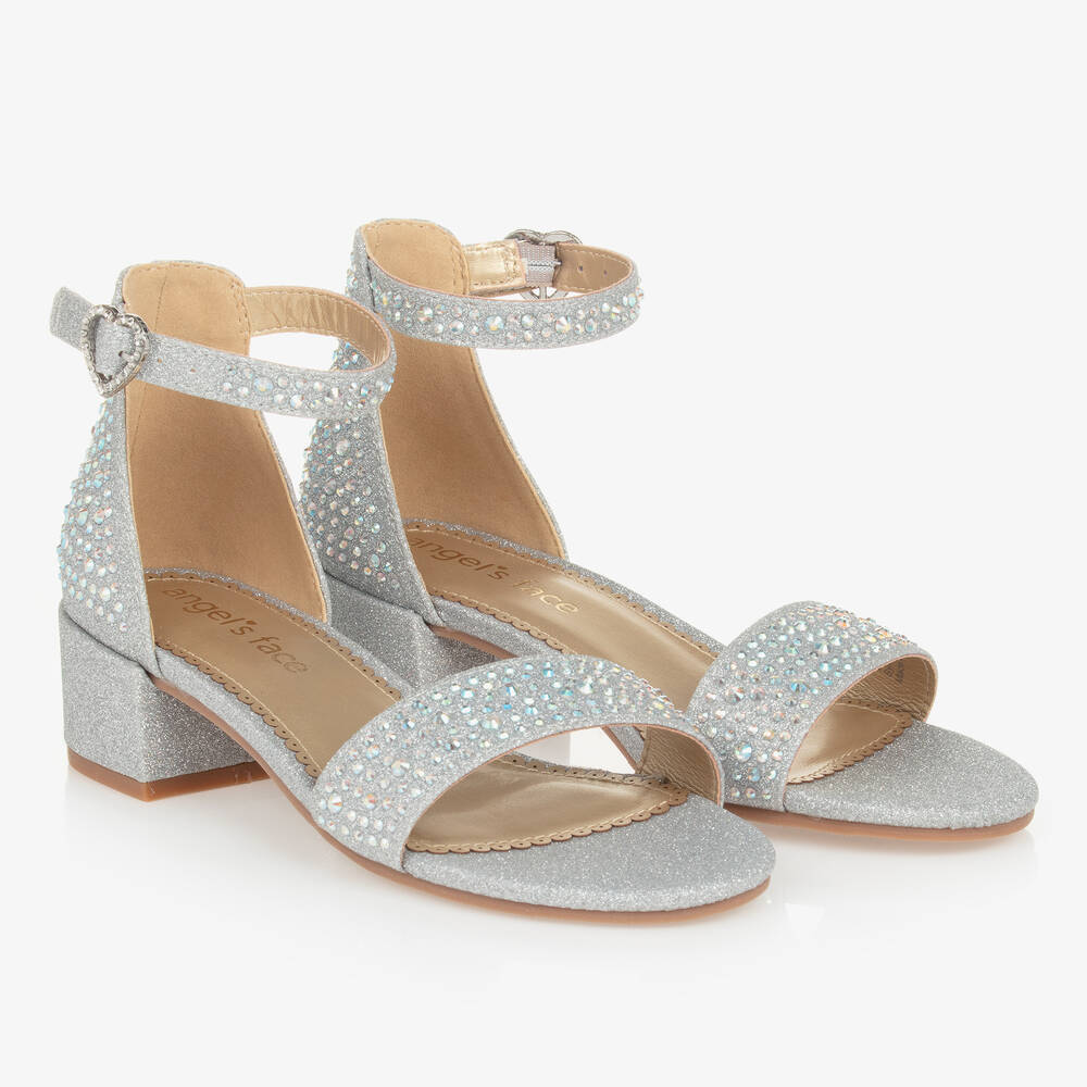 Teen Girls Silver Diamante Heeled Sandals