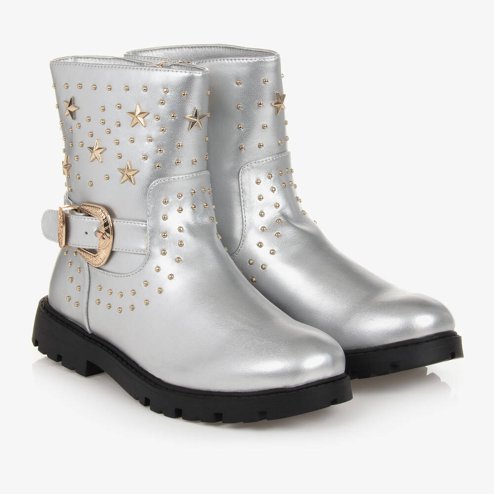 Angel's Face - Teen Girls Silver Studded Faux Leather Boots | Childrensalon