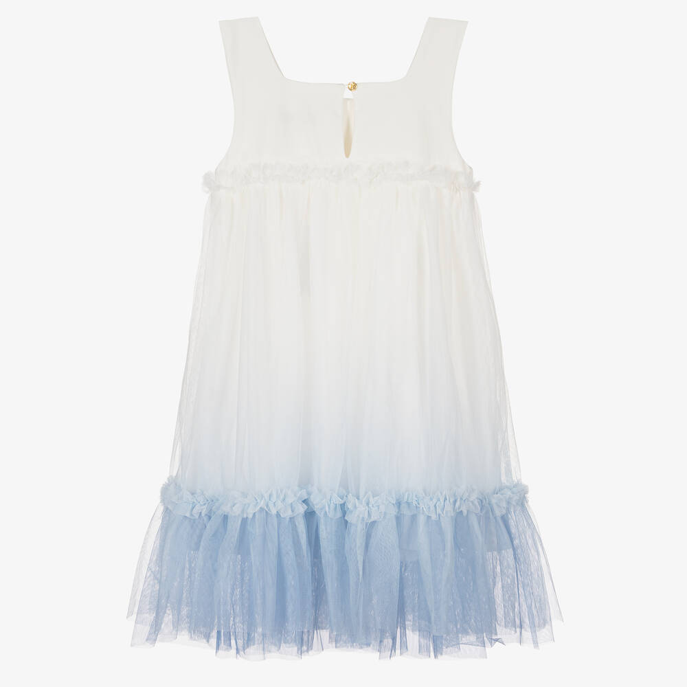 Angel's Face-فستان جيرسي وتول لون أبيض وأزرق أومبري | Childrensalon Outlet