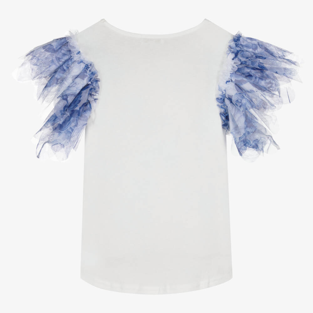 Angel's Face-Teen Girls White & Blue Tulle Sleeve Top | Childrensalon Outlet