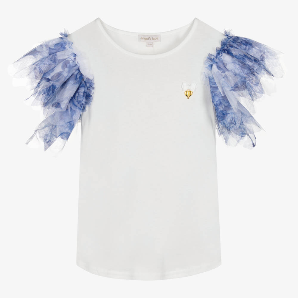 Angel's Face-Teen Girls White & Blue Tulle Sleeve Top | Childrensalon Outlet