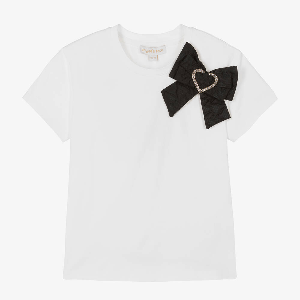 Angel's Face - Teen Girls White Cotton Bow T-Shirt | Childrensalon