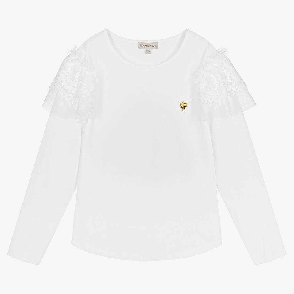 Angel's Face - Teen Girls White Cotton Lace Trim Top | Childrensalon