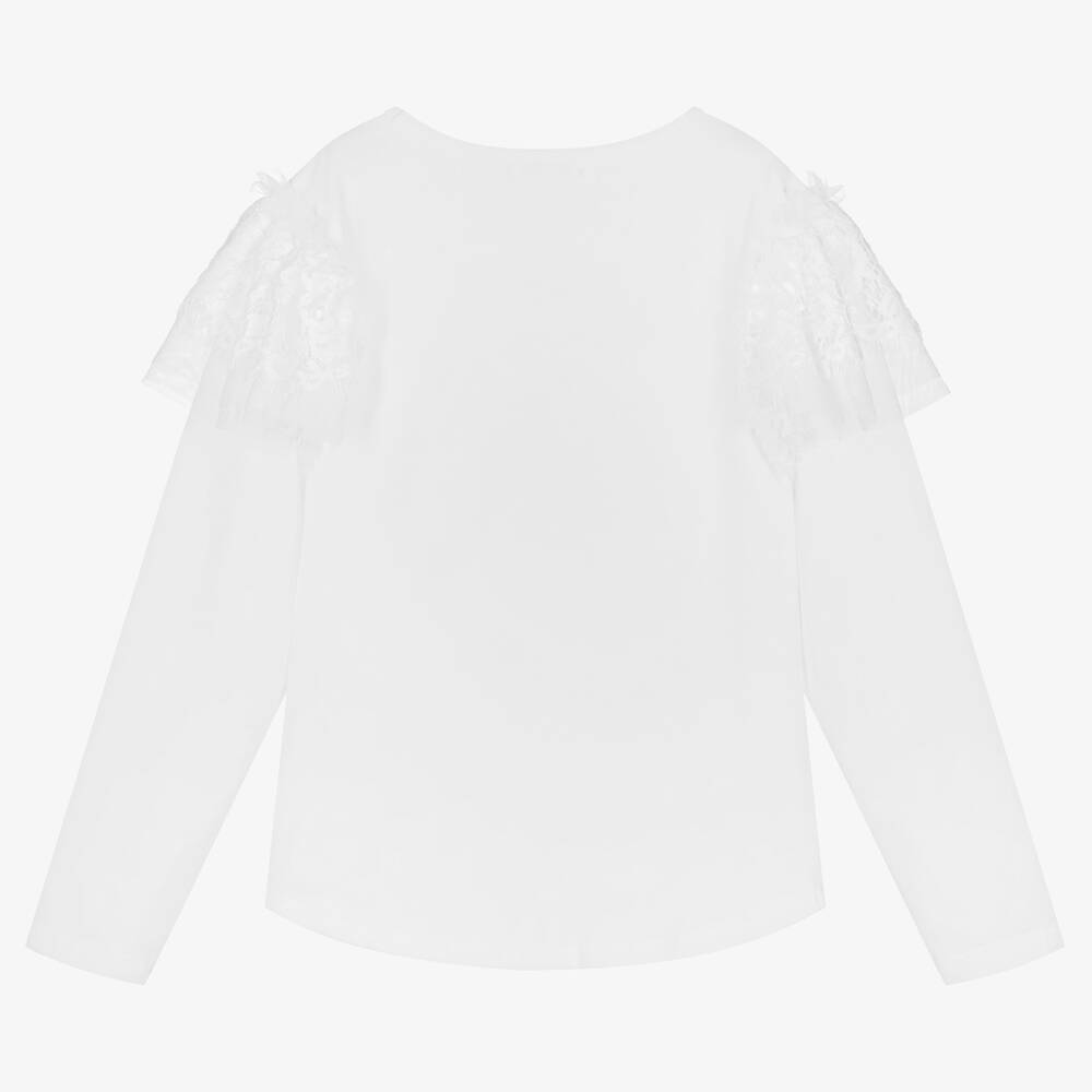 Angel's Face-توب تينز بناتي قطن جيرسي مزين بدانتيل لون أبيض | Childrensalon Outlet