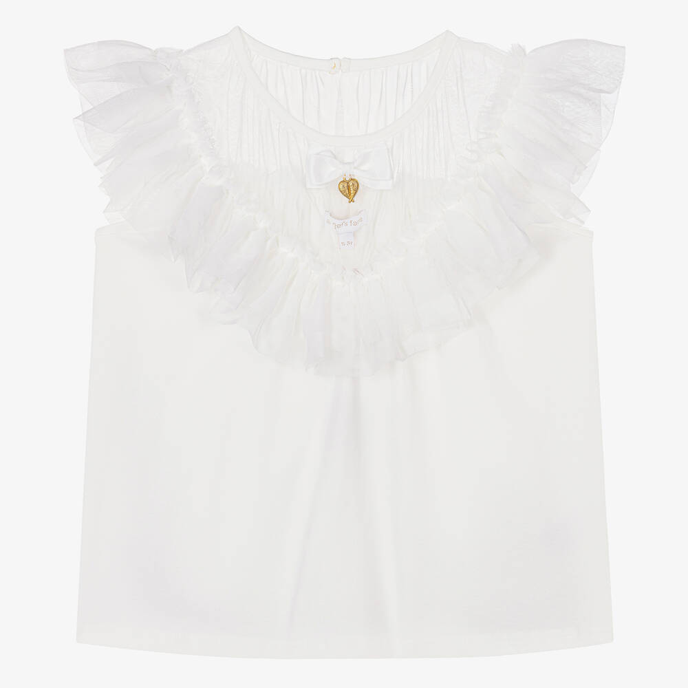 Angel's Face-Teen Girls White Cotton & Tulle Charm Top | Childrensalon Outlet