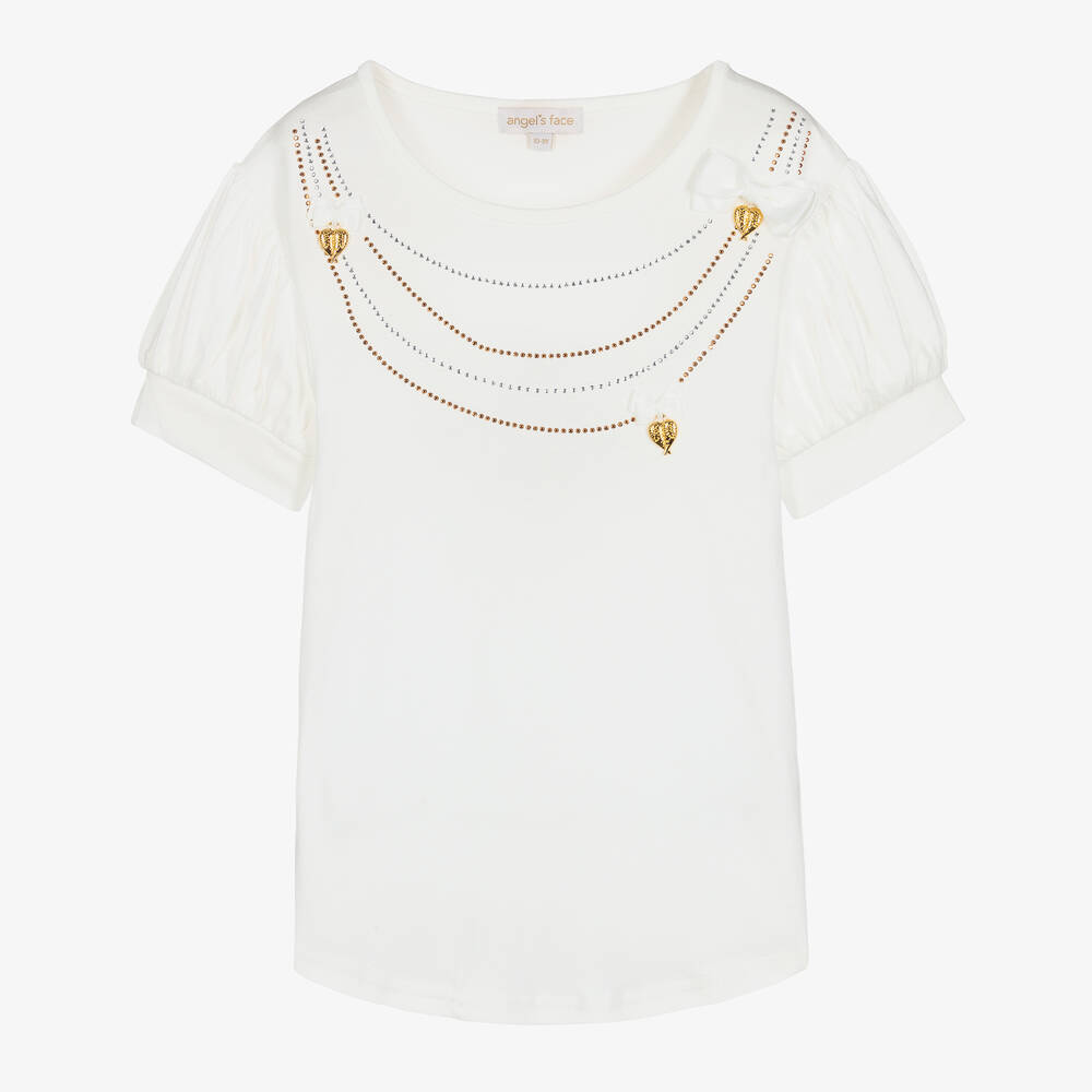 Angel's Face - Teen Girls White Diamanté Charms T-Shirt | Childrensalon