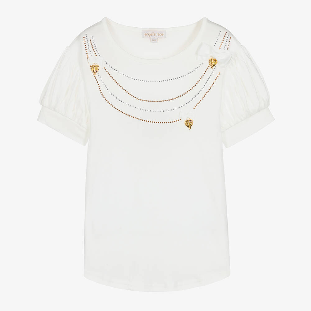 Angel's Face - Weißes Strass-T-Shirt mit Anhängern | Childrensalon