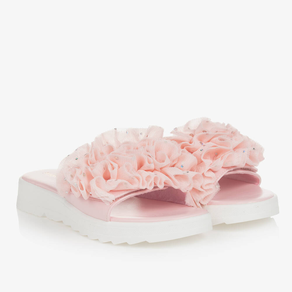 Angel's Face-Teen Girls White & Pink Ruffle Sliders | Childrensalon Outlet