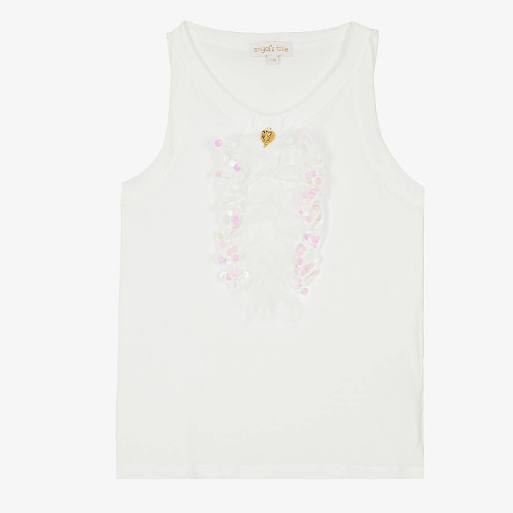 Angel's Face - Teen Girls White Sequin Ruffle Vest Top | Childrensalon