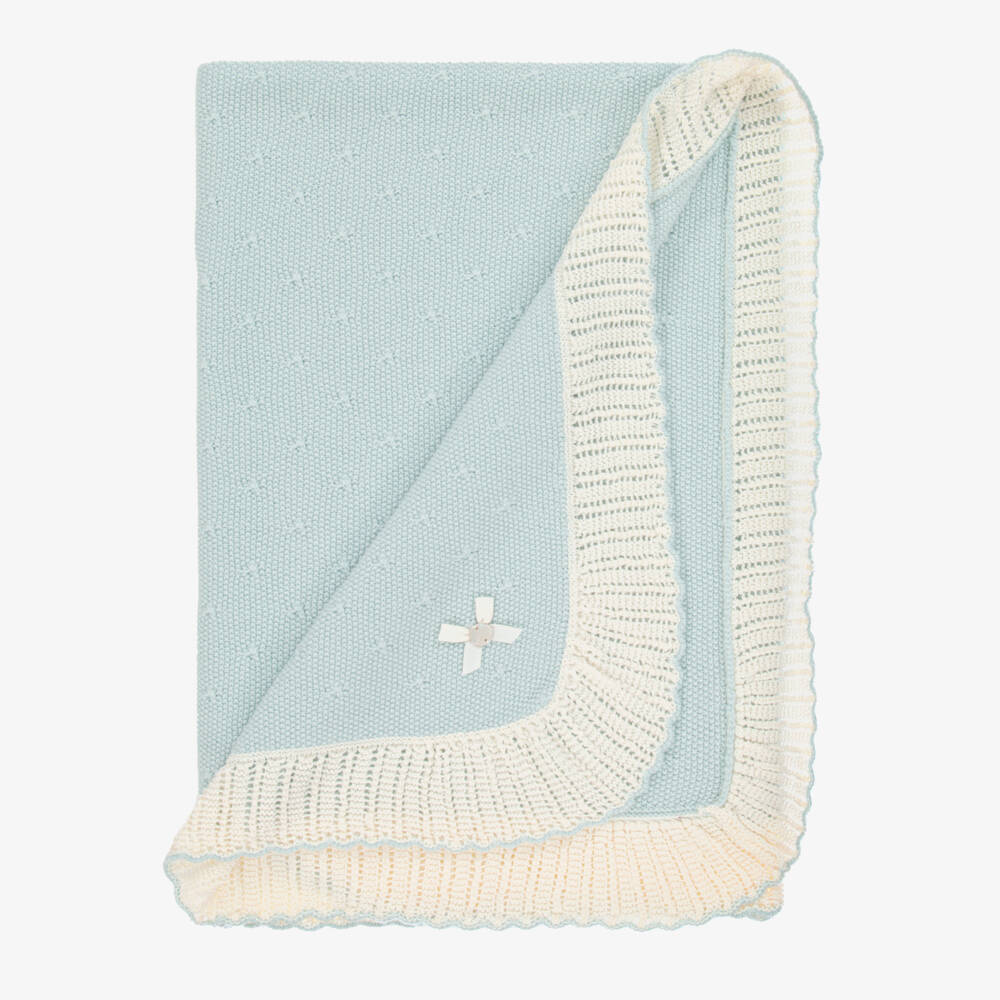 PAZ Rodríguez-Aqua Blue & Ivory Wool Knit Baby Shawl (100cm) | Childrensalon Outlet