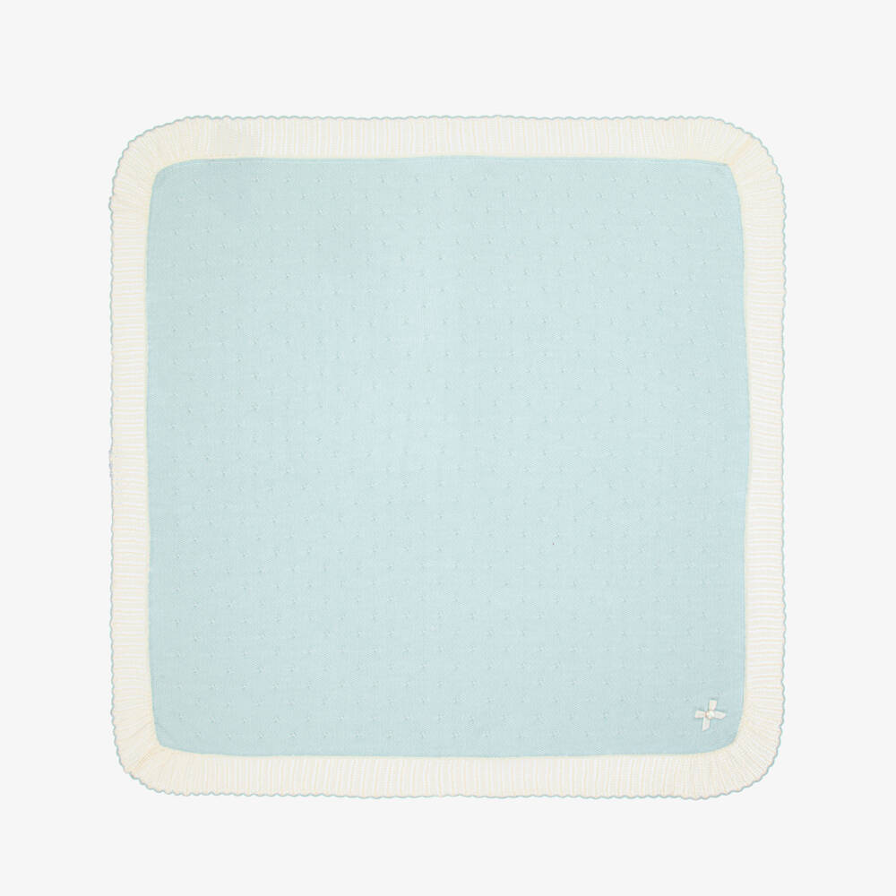 PAZ Rodríguez-Aqua Blue & Ivory Wool Knit Baby Shawl (100cm) | Childrensalon Outlet