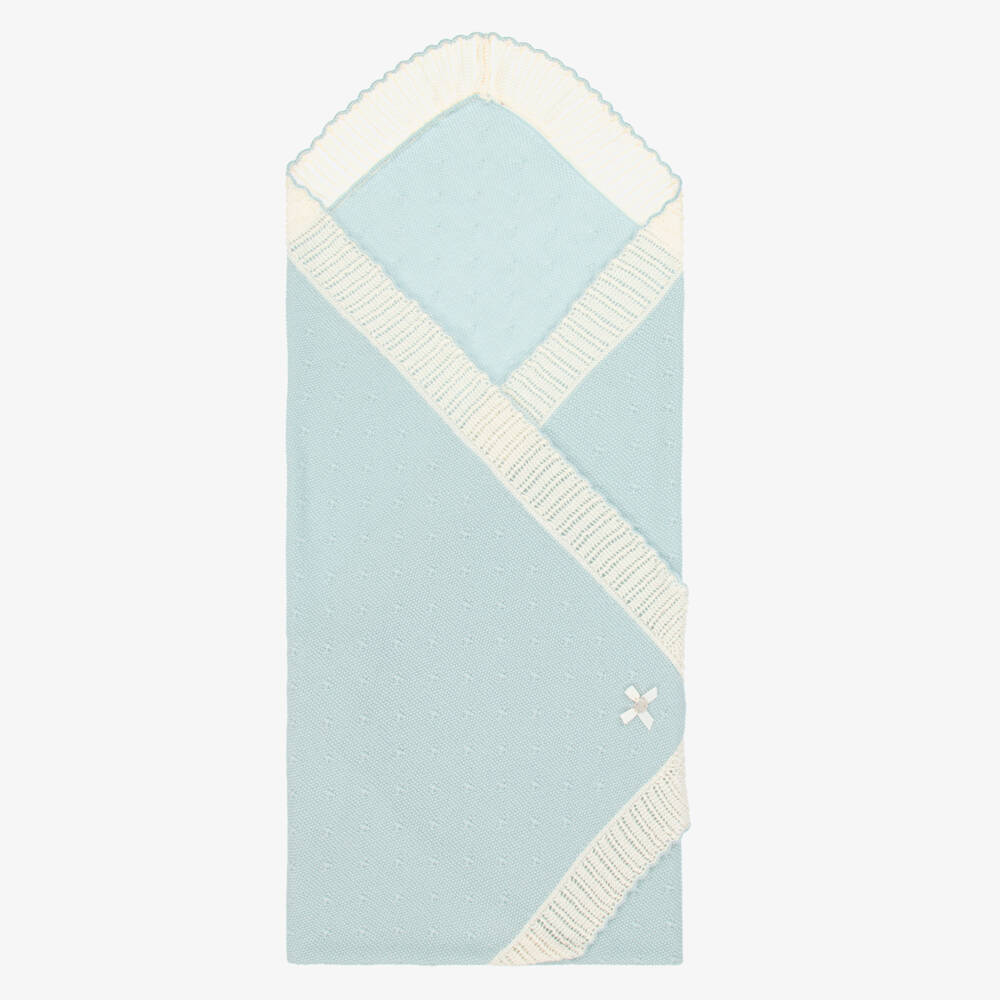PAZ Rodríguez-Aqua Blue & Ivory Wool Knit Baby Shawl (100cm) | Childrensalon Outlet