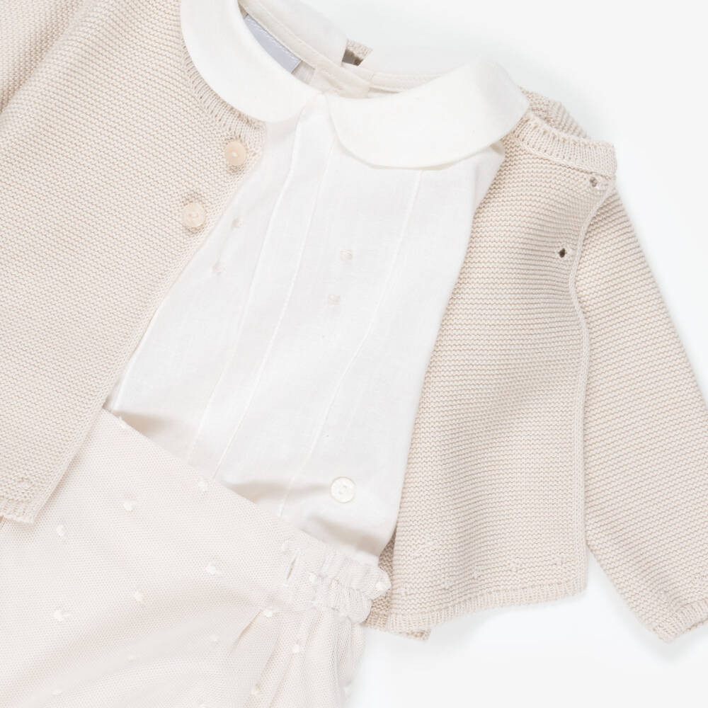 Artesanía Granlei-Baby Boys Beige Buster Suit & Cardigan Set | Childrensalon Outlet