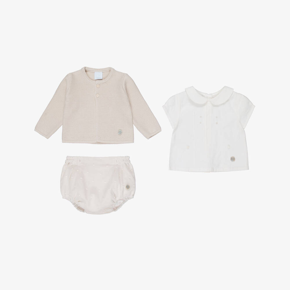 Artesanía Granlei-Baby Boys Beige Buster Suit & Cardigan Set | Childrensalon Outlet