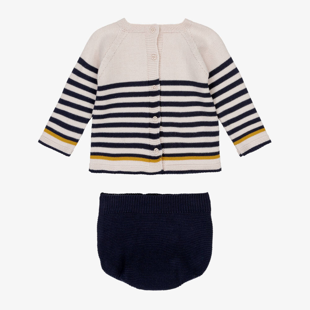 Artesanía Granlei-Baby Boys Beige & Navy Blue Striped Knit Shorts Set | Childrensalon Outlet