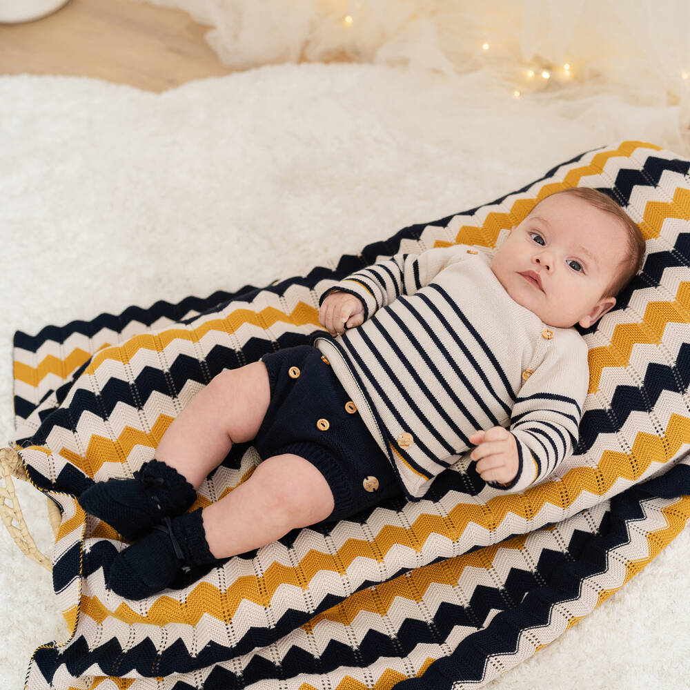 Artesanía Granlei-Baby Boys Beige & Navy Blue Striped Knit Shorts Set | Childrensalon Outlet