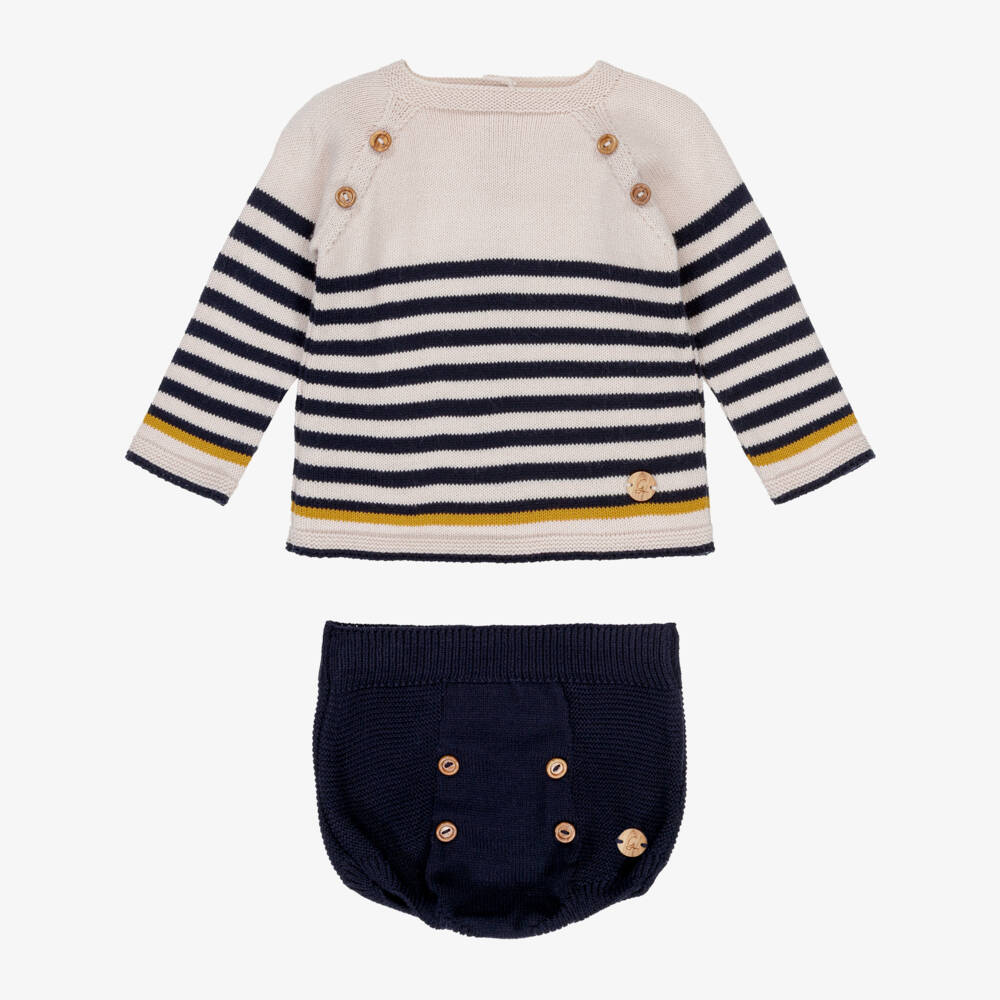 Artesanía Granlei-Baby Boys Beige & Navy Blue Striped Knit Shorts Set | Childrensalon Outlet