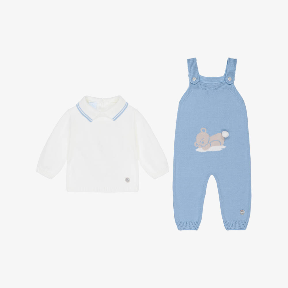 Artesanía Granlei-Baby Boys Blue Teddy Bear Knitted Dungaree Set | Childrensalon Outlet