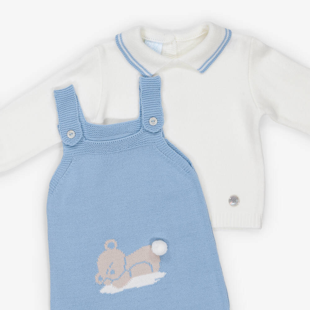 Artesanía Granlei-Baby Boys Blue Teddy Bear Knitted Dungaree Set | Childrensalon Outlet