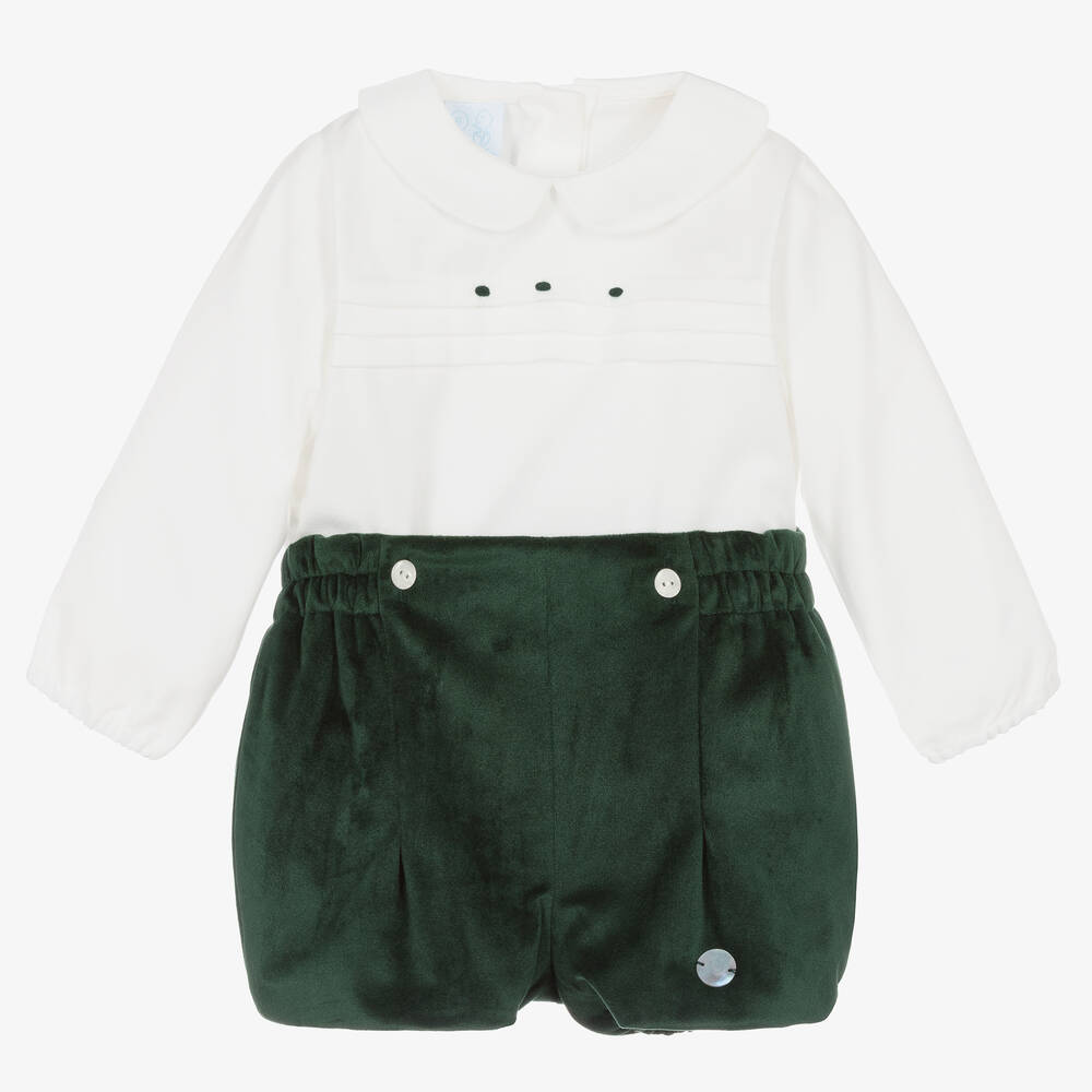 Artesanía Granlei-Baby Boys Green & Ivory Velvet Buster Suit | Childrensalon Outlet
