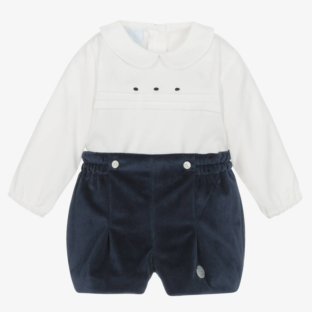 Artesanía Granlei - Baby Boys Ivory & Blue Velvet Buster Suit | Childrensalon