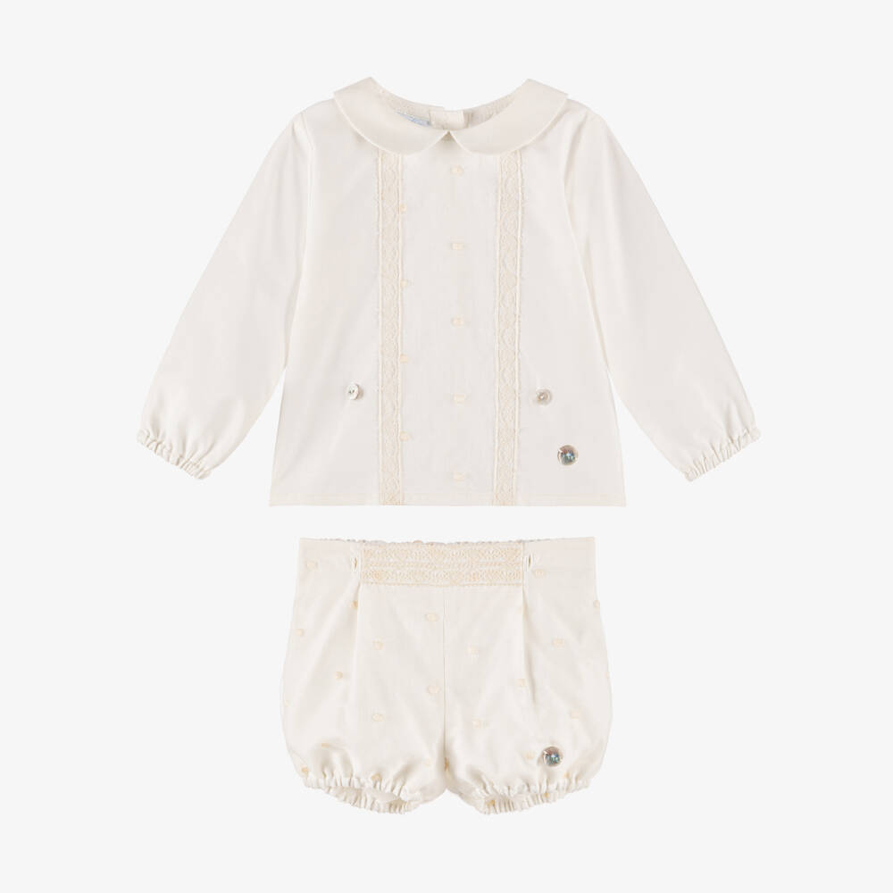 Artesanía Granlei-Baby Boys Ivory Buster Suit with Lace Detailing | Childrensalon Outlet