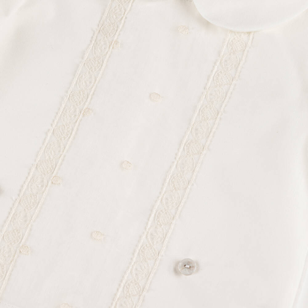 Artesanía Granlei-Baby Boys Ivory Buster Suit with Lace Detailing | Childrensalon Outlet