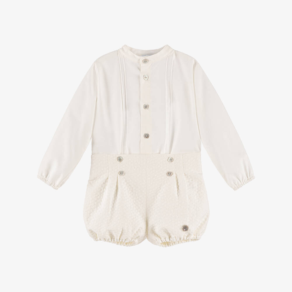 Artesanía Granlei-Baby Boys Ivory Buster Suit with Pintuck Detailing | Childrensalon Outlet