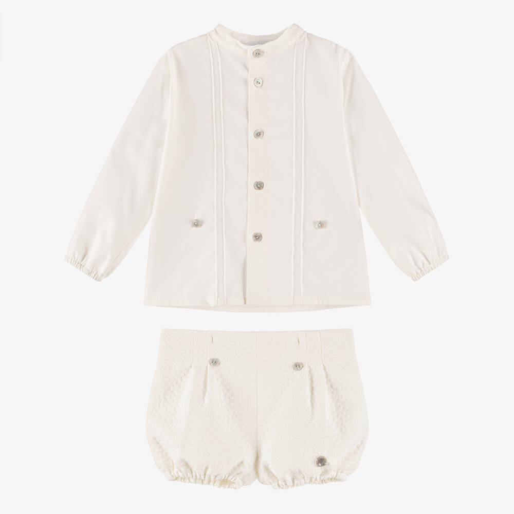 Artesanía Granlei-Baby Boys Ivory Buster Suit with Pintuck Detailing | Childrensalon Outlet