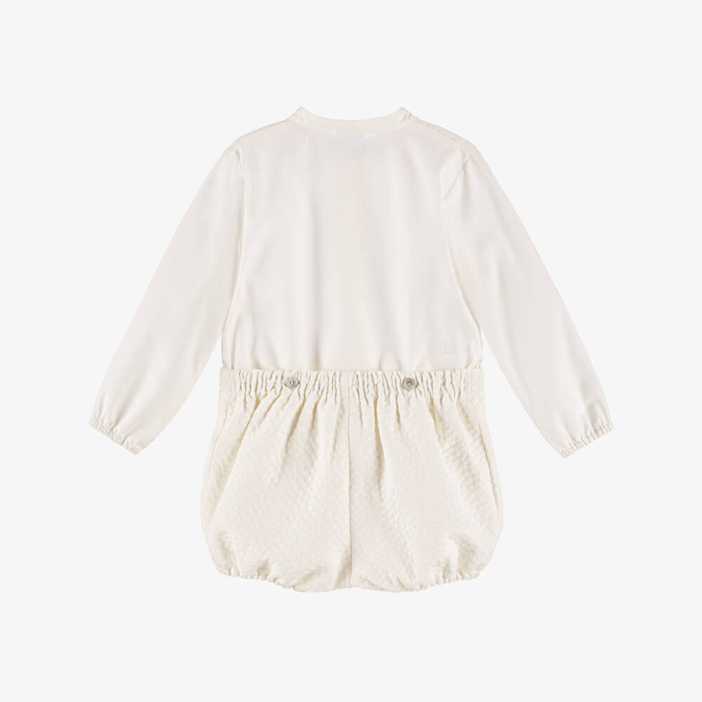 Artesanía Granlei-Baby Boys Ivory Buster Suit with Pintuck Detailing | Childrensalon Outlet