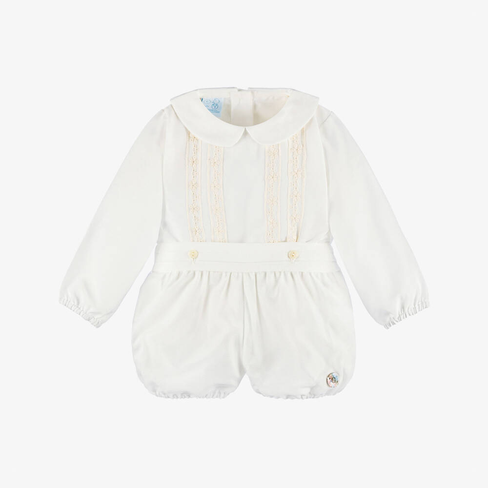 Artesanía Granlei-Baby Boys Ivory Cotton & Tulle Buster Suit | Childrensalon Outlet