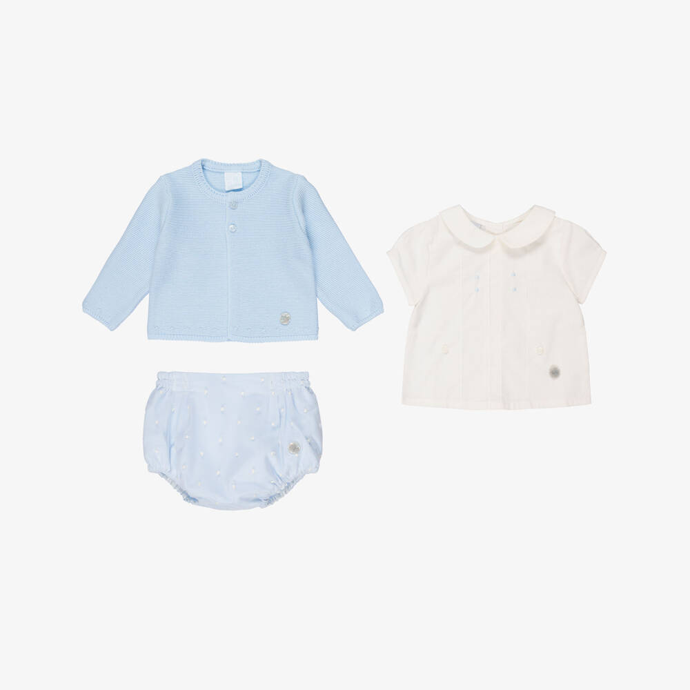 Artesanía Granlei-Baby Boys Pale Blue Buster Suit & Cardigan Set | Childrensalon Outlet