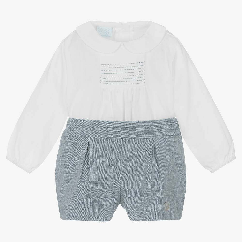 Artesanía Granlei - Baby Boys White & Blue Cotton Shorts Set | Childrensalon
