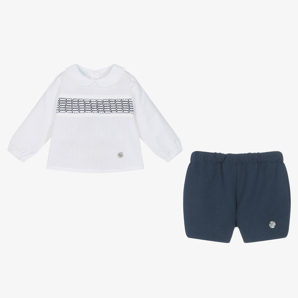 Artesanía Granlei-Baby Boys White & Blue Shorts Set | Childrensalon Outlet