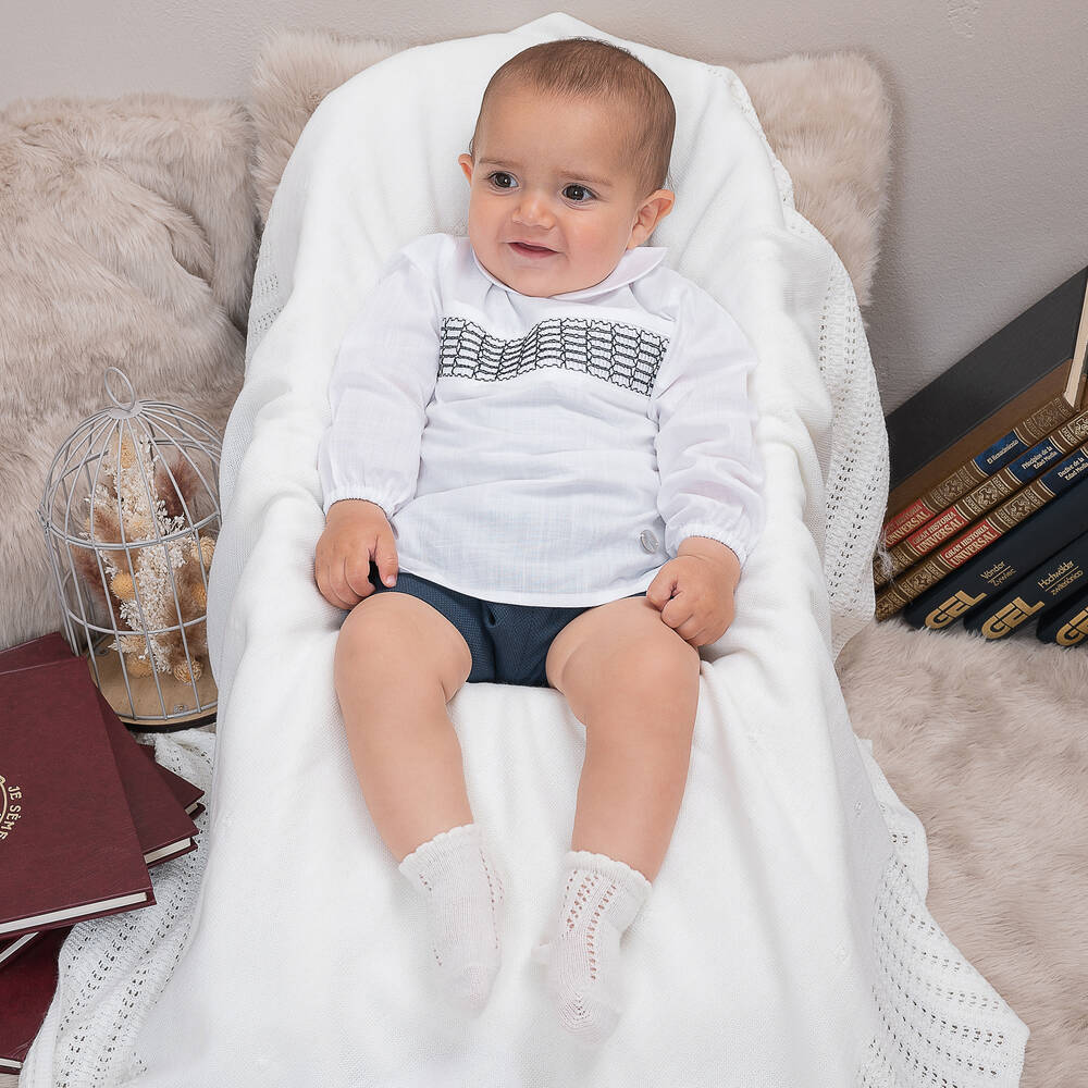 Artesanía Granlei-Baby Boys White & Blue Shorts Set | Childrensalon Outlet