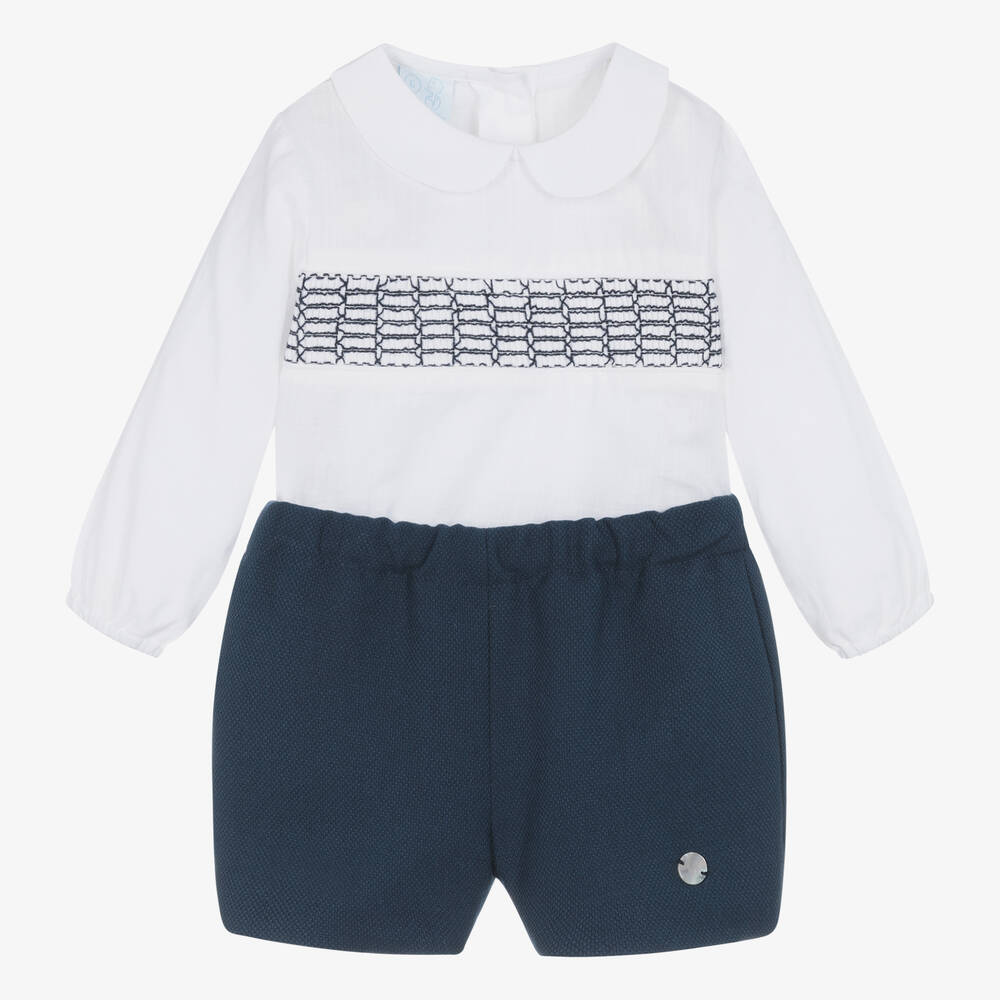 Artesanía Granlei - Baby Boys White & Blue Shorts Set | Childrensalon
